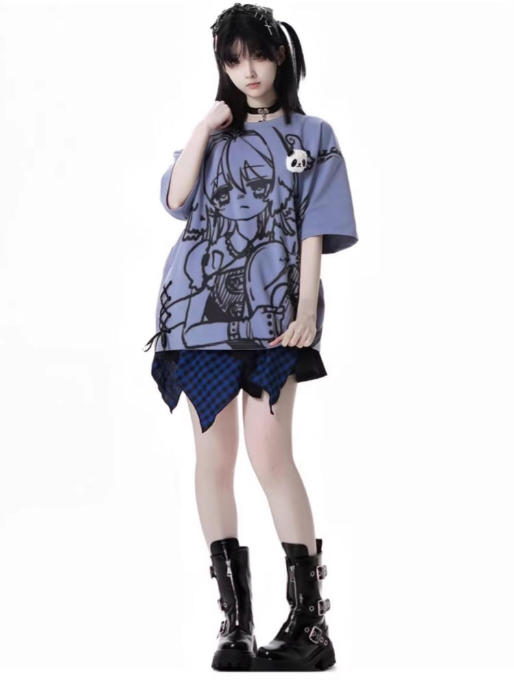 Anime Print Red / Blue / Gray T-Shirt
