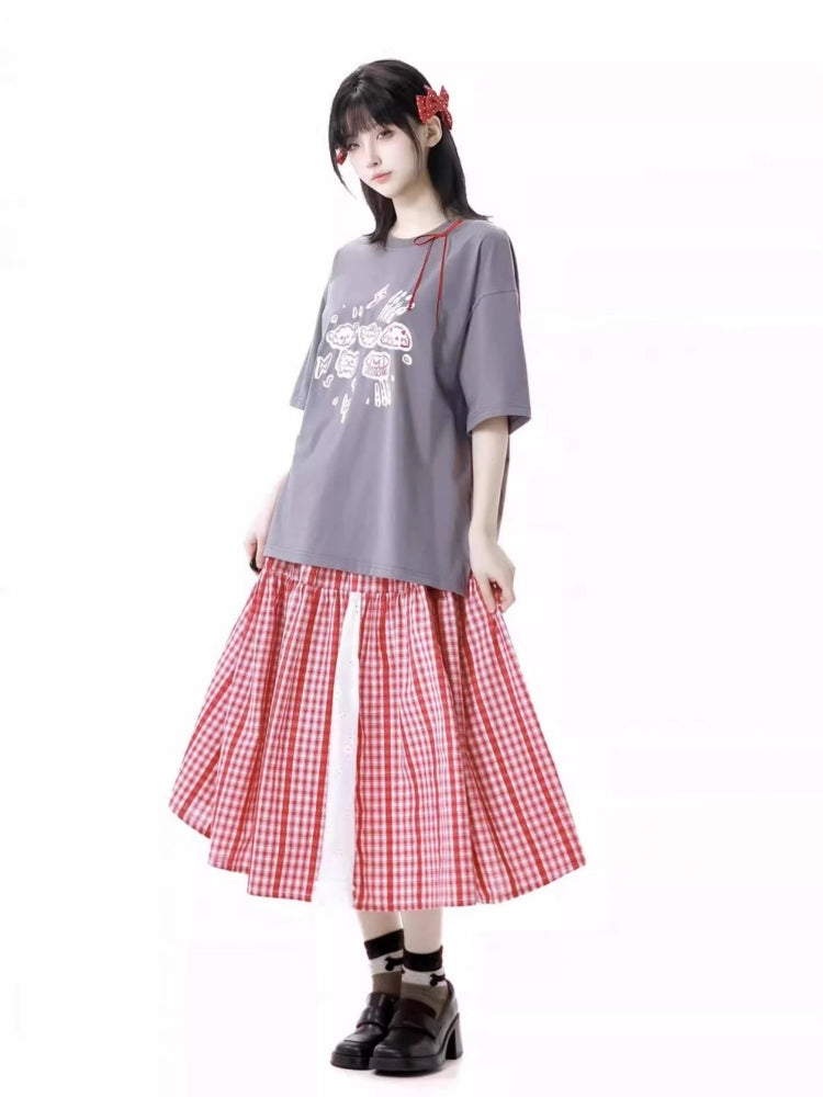 Graffiti Animal Print Short-Sleeve T-Shirt / Plaid Skirt