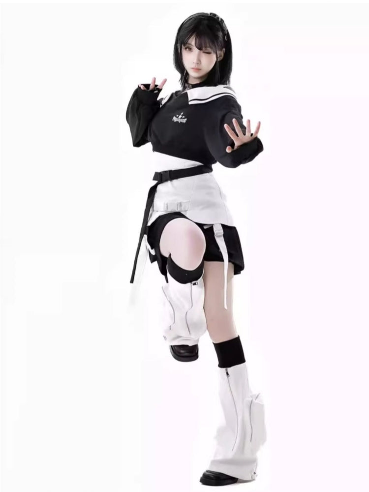 Techwear Wasteland Black & White Top / Camisole / Skirt / Leg Warmers