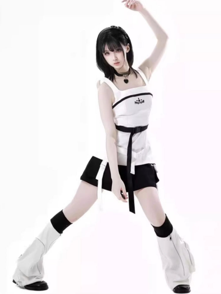 Techwear Wasteland Black & White Top / Camisole / Skirt / Leg Warmers
