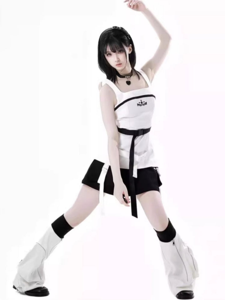 Techwear Wasteland Black & White Top / Camisole / Skirt / Leg Warmers