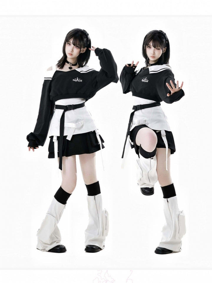 Techwear Wasteland Black & White Top / Camisole / Skirt / Leg Warmers