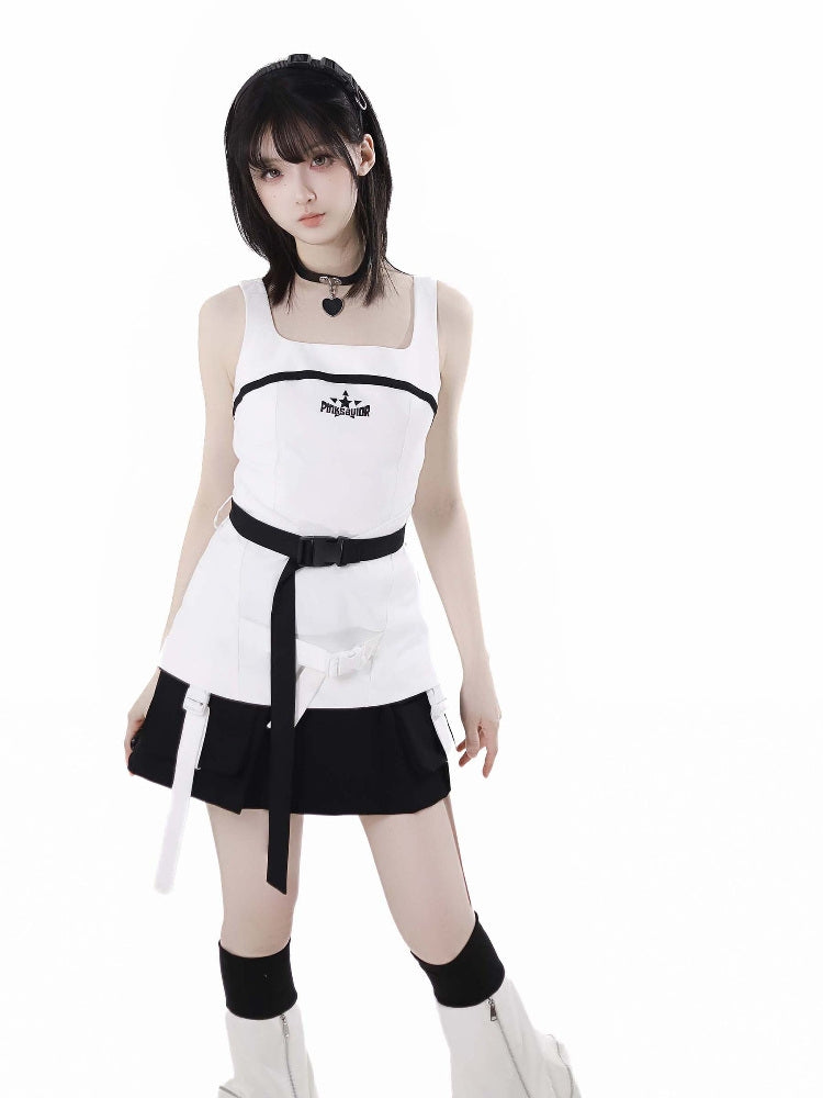 Techwear Wasteland Black & White Top / Camisole / Skirt / Leg Warmers