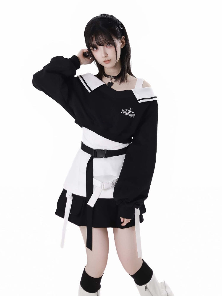 Techwear Wasteland Black & White Top / Camisole / Skirt / Leg Warmers