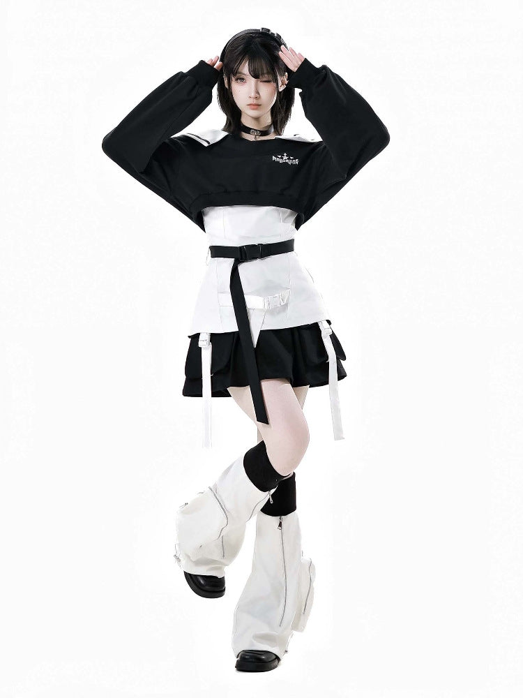 Techwear Wasteland Black & White Top / Camisole / Skirt / Leg Warmers