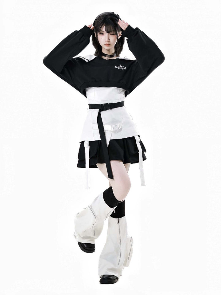 Techwear Wasteland Black & White Top / Camisole / Skirt / Leg Warmers