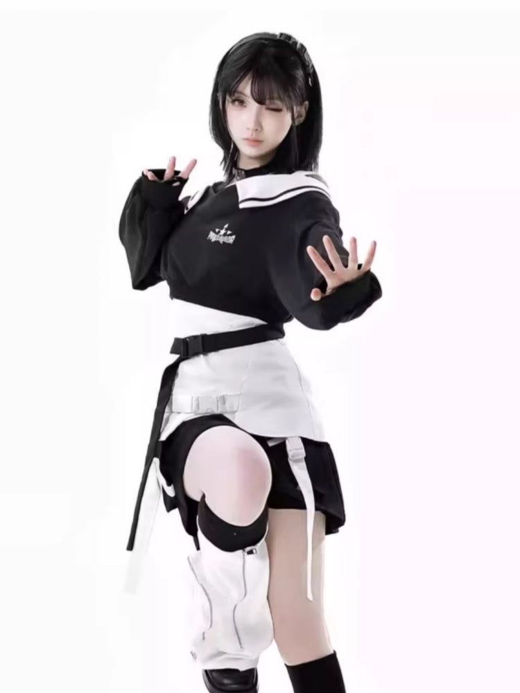 Techwear Wasteland Black & White Top / Camisole / Skirt / Leg Warmers