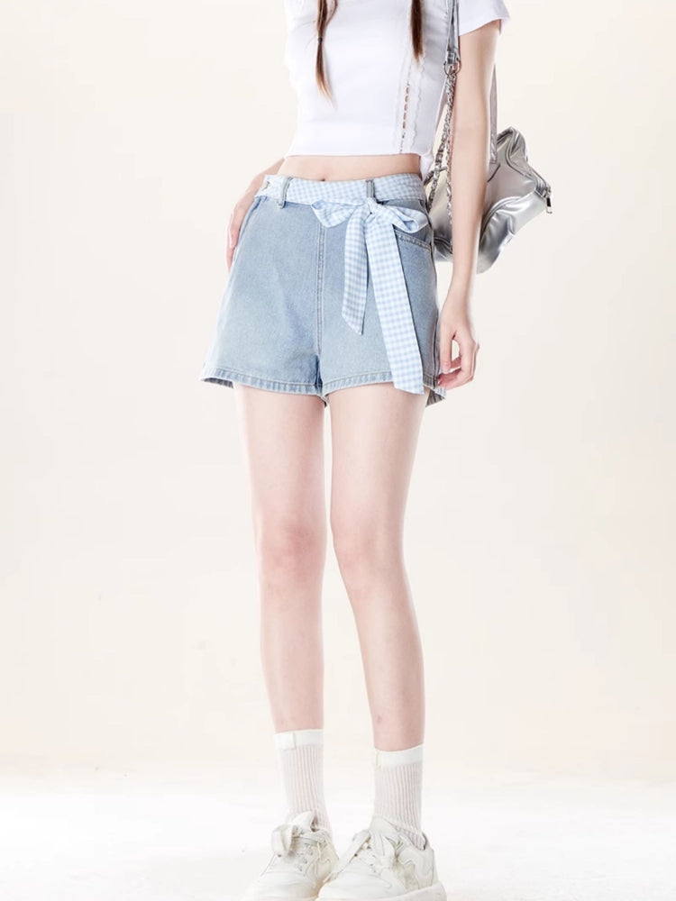 Light Blue Denim Shorts with Gingham Bow