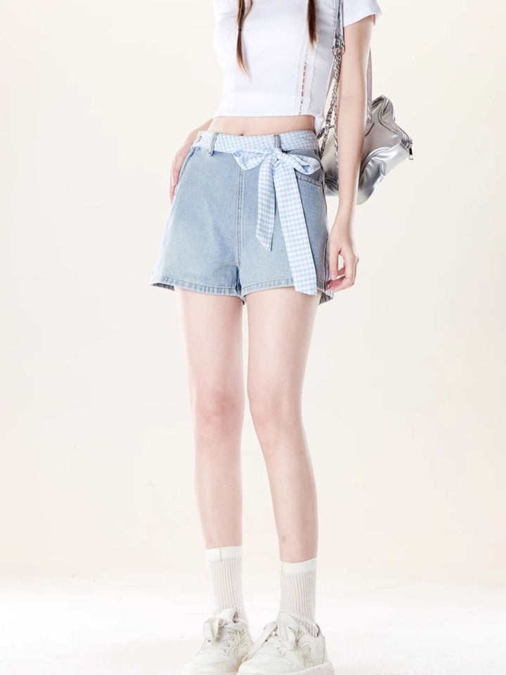 Light Blue Denim Shorts with Gingham Bow
