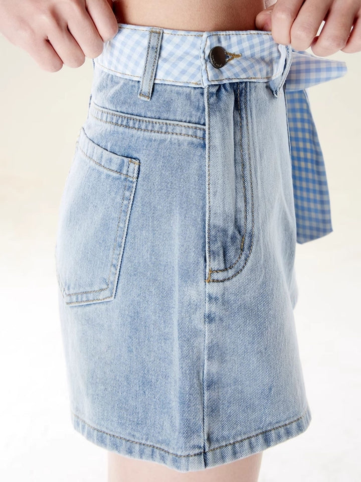 Light Blue Denim Shorts with Gingham Bow