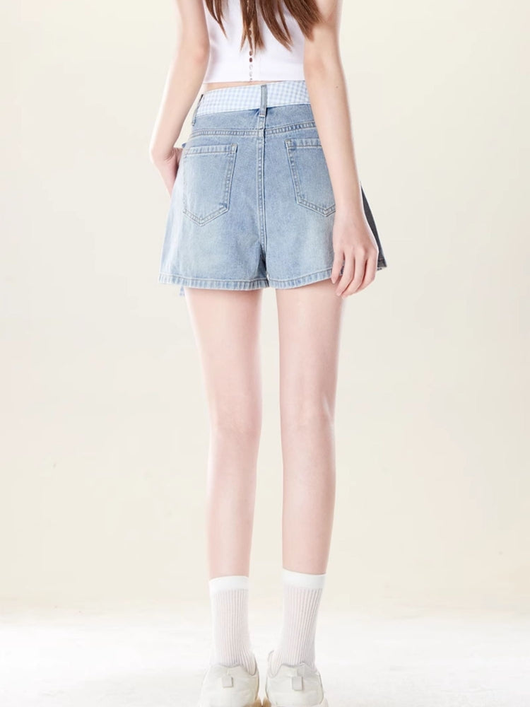 Light Blue Denim Shorts with Gingham Bow