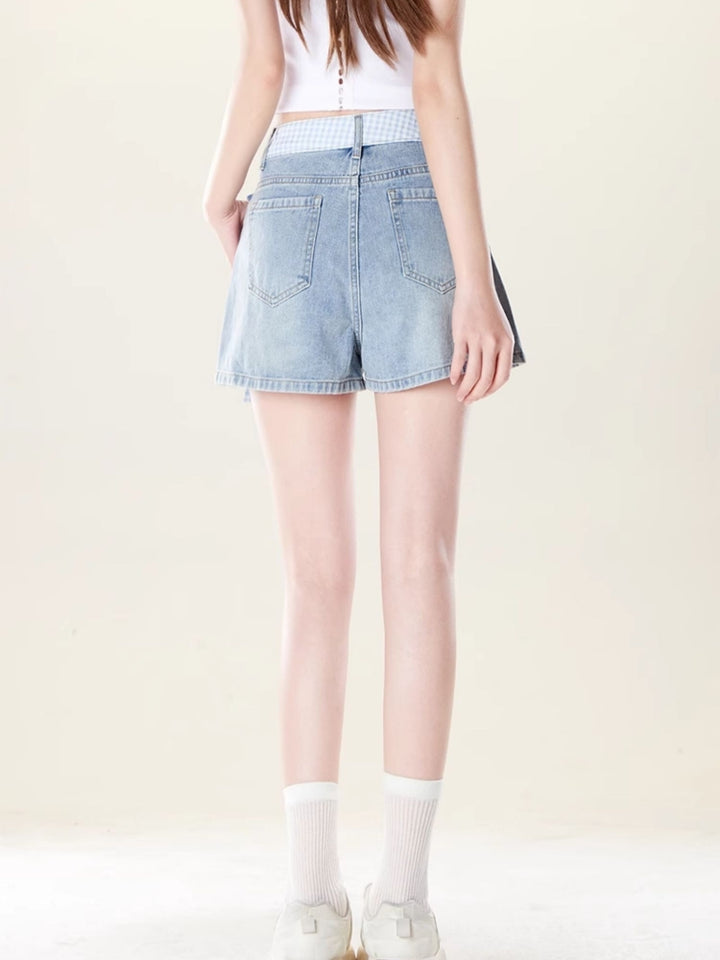 Light Blue Denim Shorts with Gingham Bow