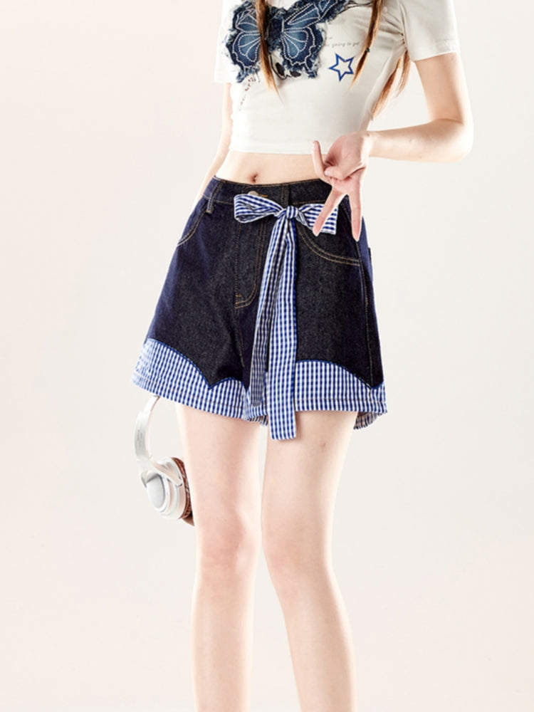High-Waisted Dark Blue Denim Shorts with Bow and Plaid Patchwork
