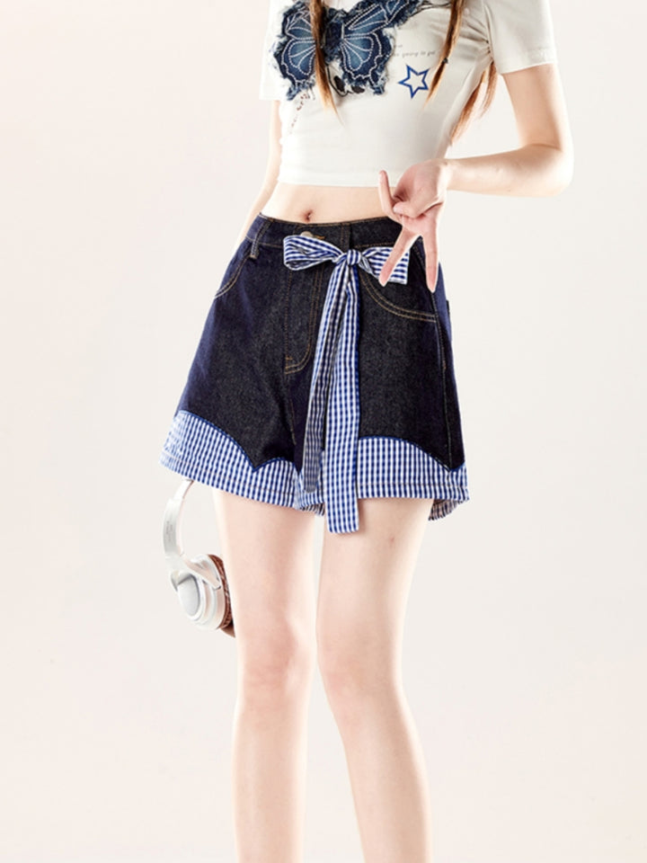 High-Waisted Dark Blue Denim Shorts with Bow and Plaid Patchwork