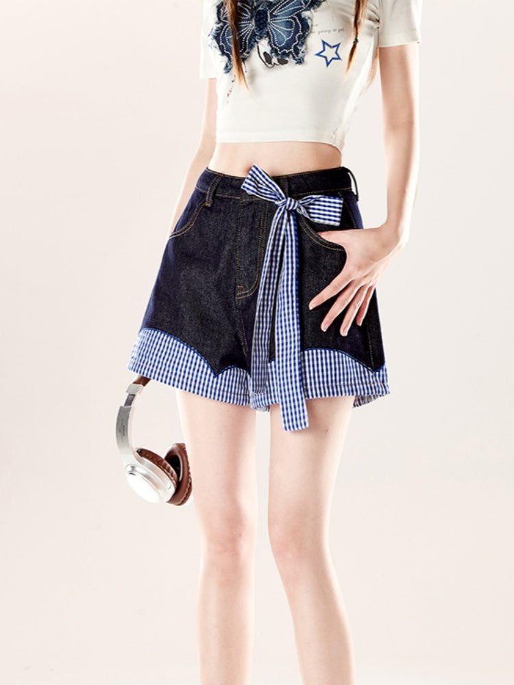 High-Waisted Dark Blue Denim Shorts with Bow and Plaid Patchwork