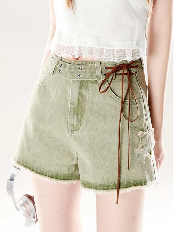 Vintage Drawstring Light Green Frayed Denim Shorts