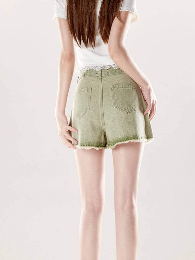 Vintage Drawstring Light Green Frayed Denim Shorts