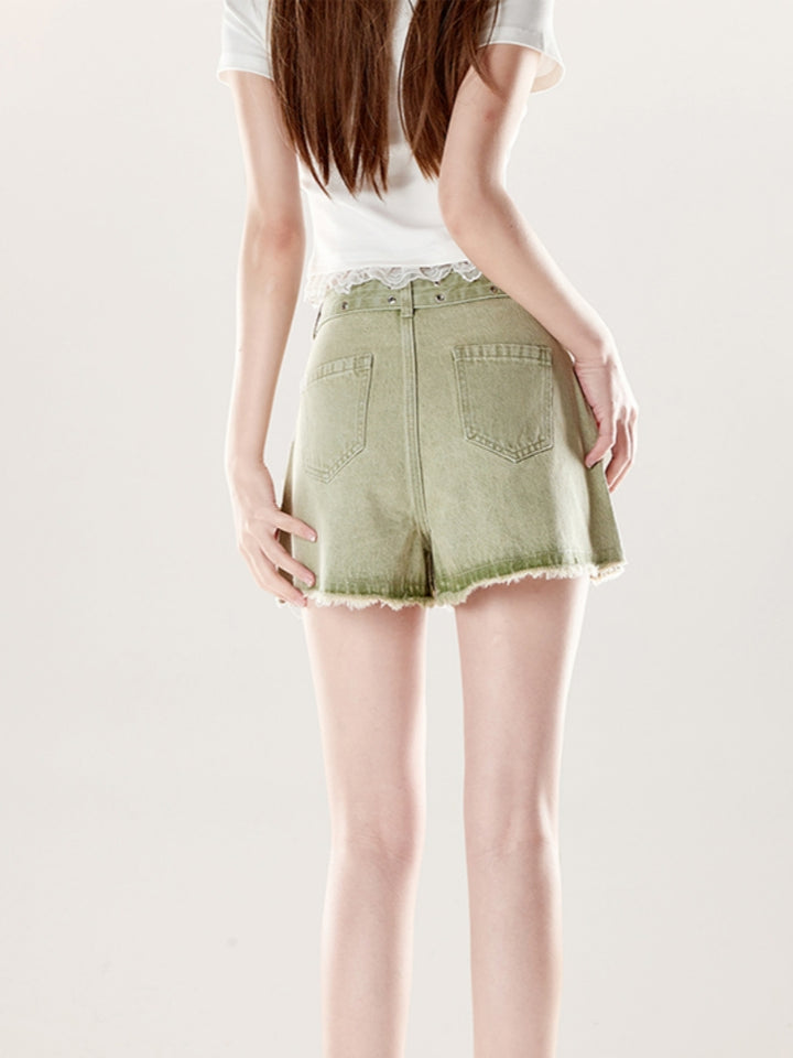 Vintage Drawstring Light Green Frayed Denim Shorts