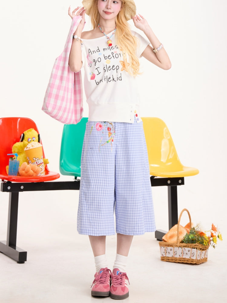 Blue Plaid Casual Cropped Pants