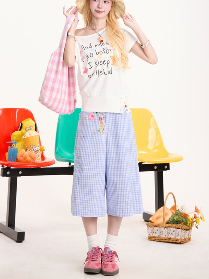 Blue Plaid Casual Cropped Pants