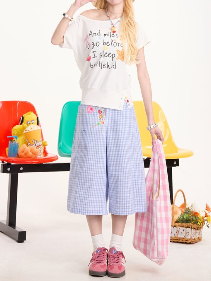 Blue Plaid Casual Cropped Pants