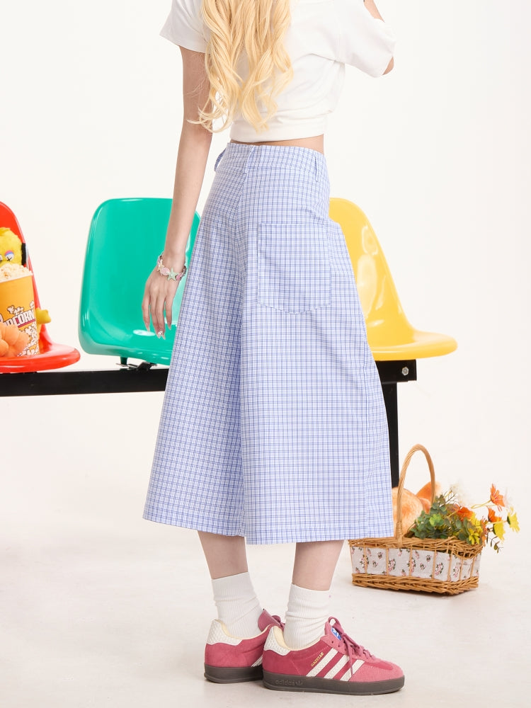 Blue Plaid Casual Cropped Pants