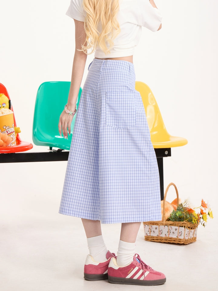 Blue Plaid Casual Cropped Pants