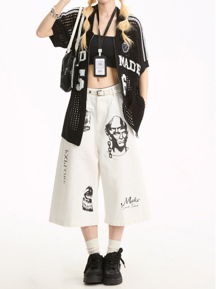 Street Style Hand-Painted Print Denim Cropped Pants
