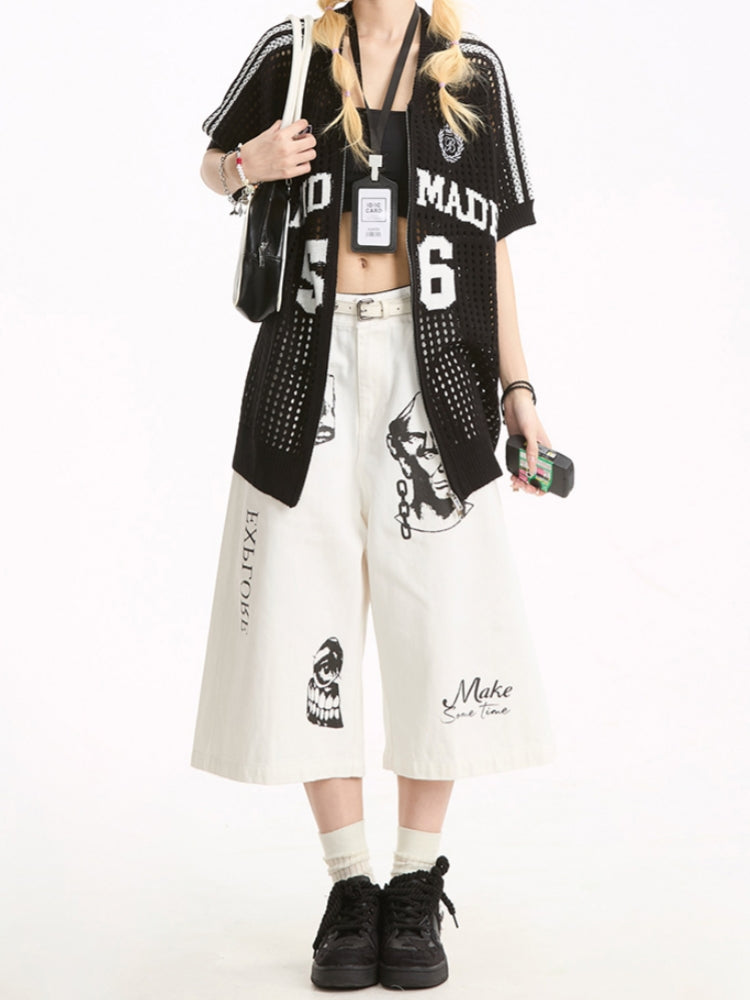 Street Style Hand-Painted Print Denim Cropped Pants