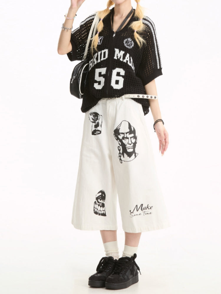 Street Style Hand-Painted Print Denim Cropped Pants