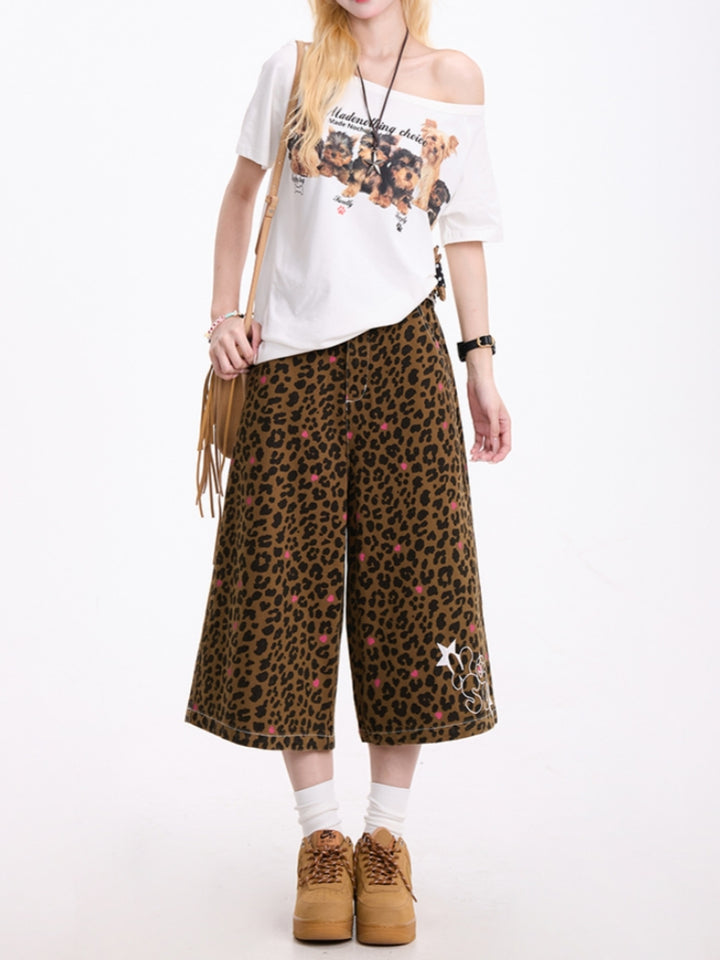 Leopard Heart Print American Style Cropped Pants