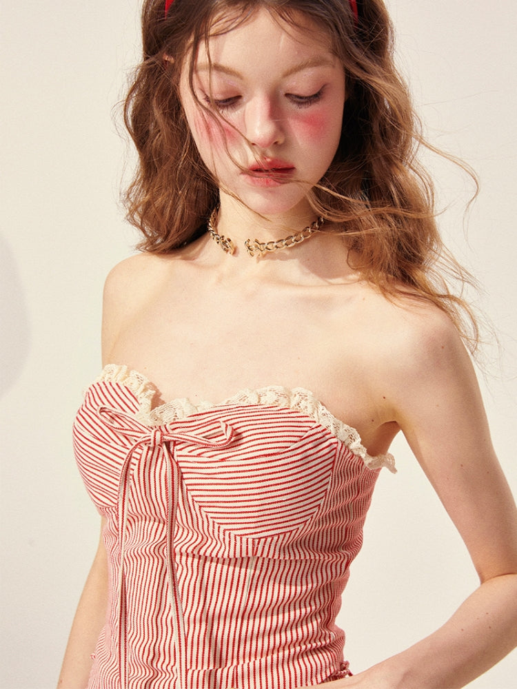 Vintage Red Striped Tube Top / Shorts