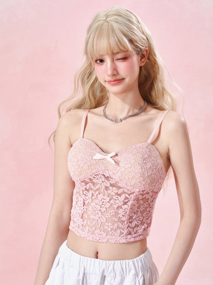 Rose Pink Hollow-Out Lace Cami Top