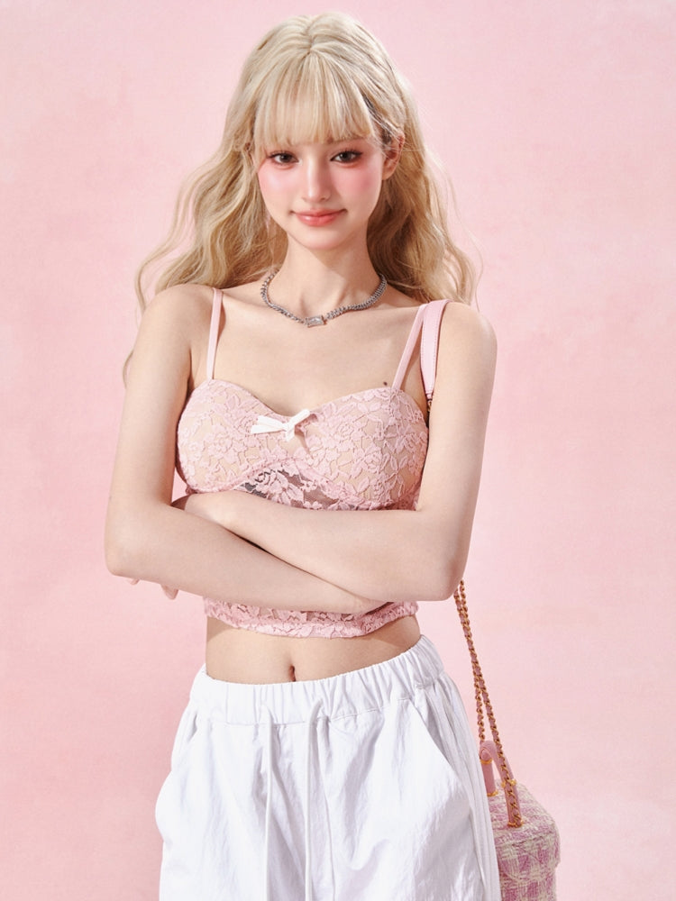 Rose Pink Hollow-Out Lace Cami Top