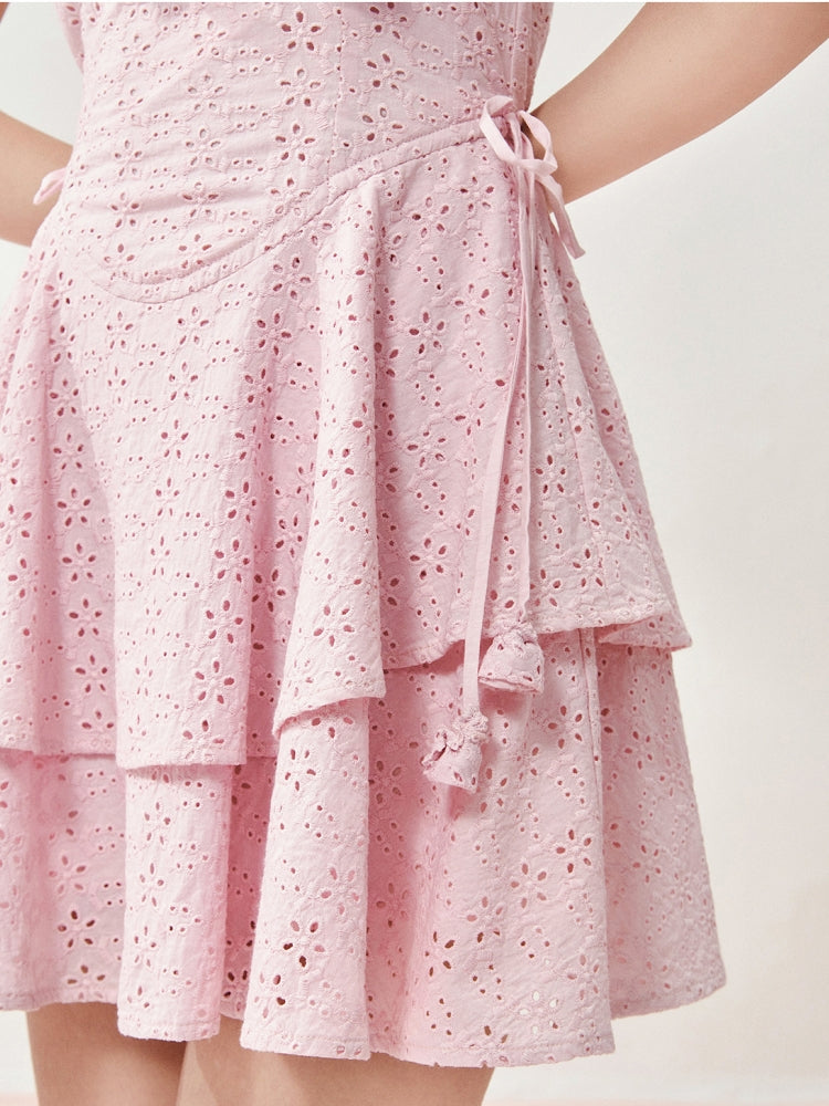 Lavender Pink Cotton Embroidered Ruched Waist Dress