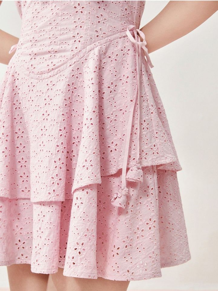 Lavender Pink Cotton Embroidered Ruched Waist Dress