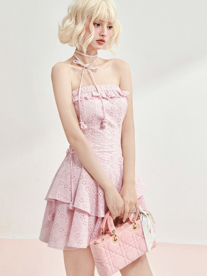 Lavender Pink Cotton Embroidered Ruched Waist Dress