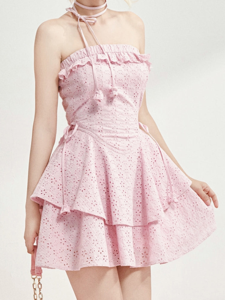 Lavender Pink Cotton Embroidered Ruched Waist Dress