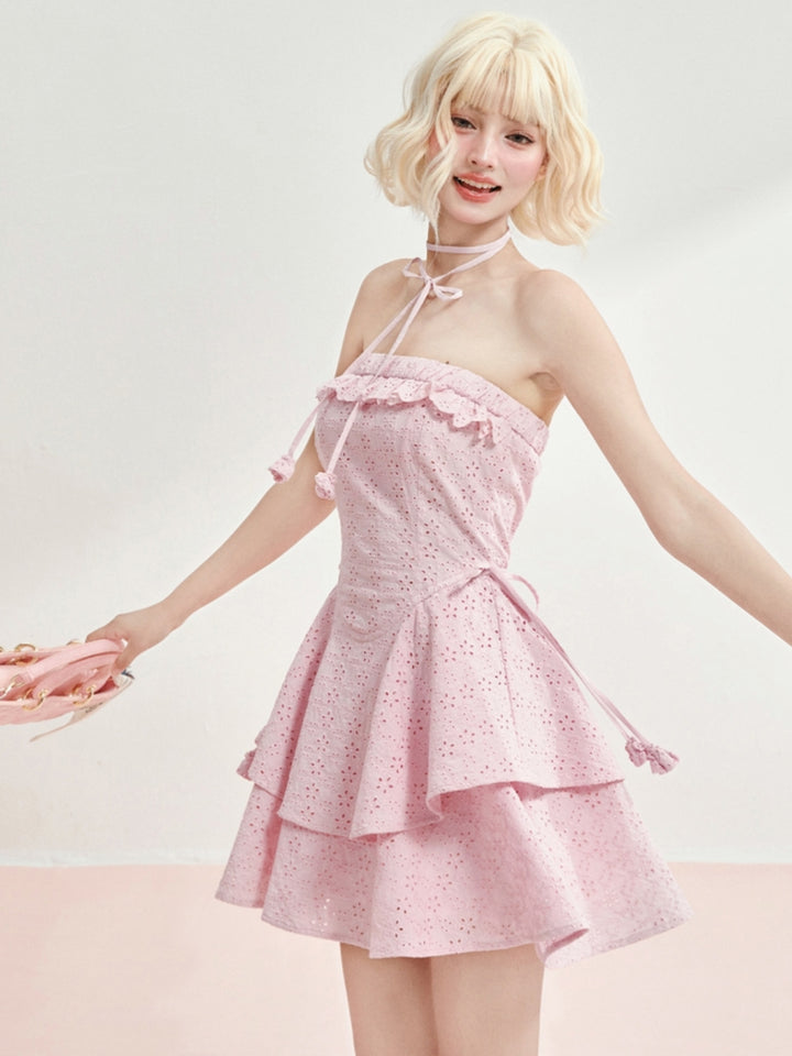 Lavender Pink Cotton Embroidered Ruched Waist Dress