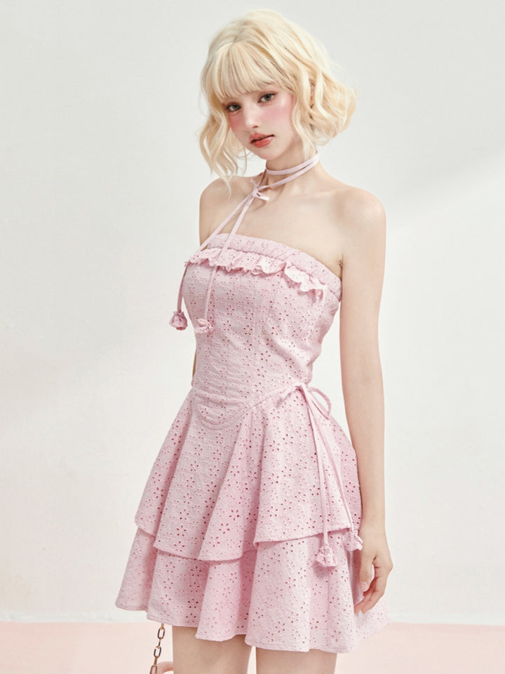 Lavender Pink Cotton Embroidered Ruched Waist Dress