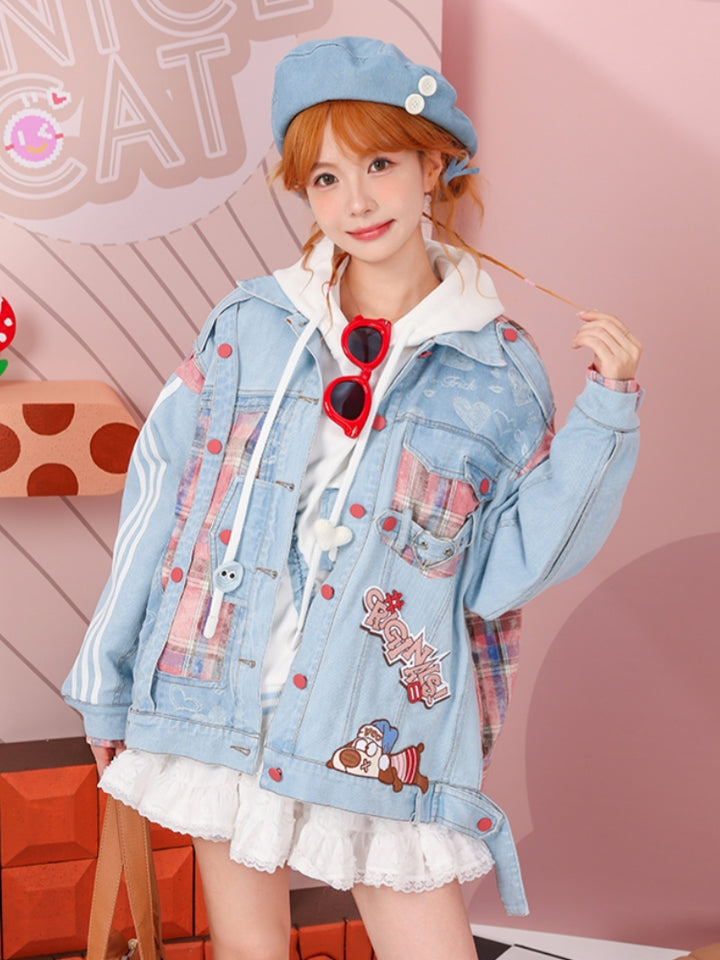 Faux Two-Piece Plaid Patchwork Denim Jacket with Batwing Sleeves