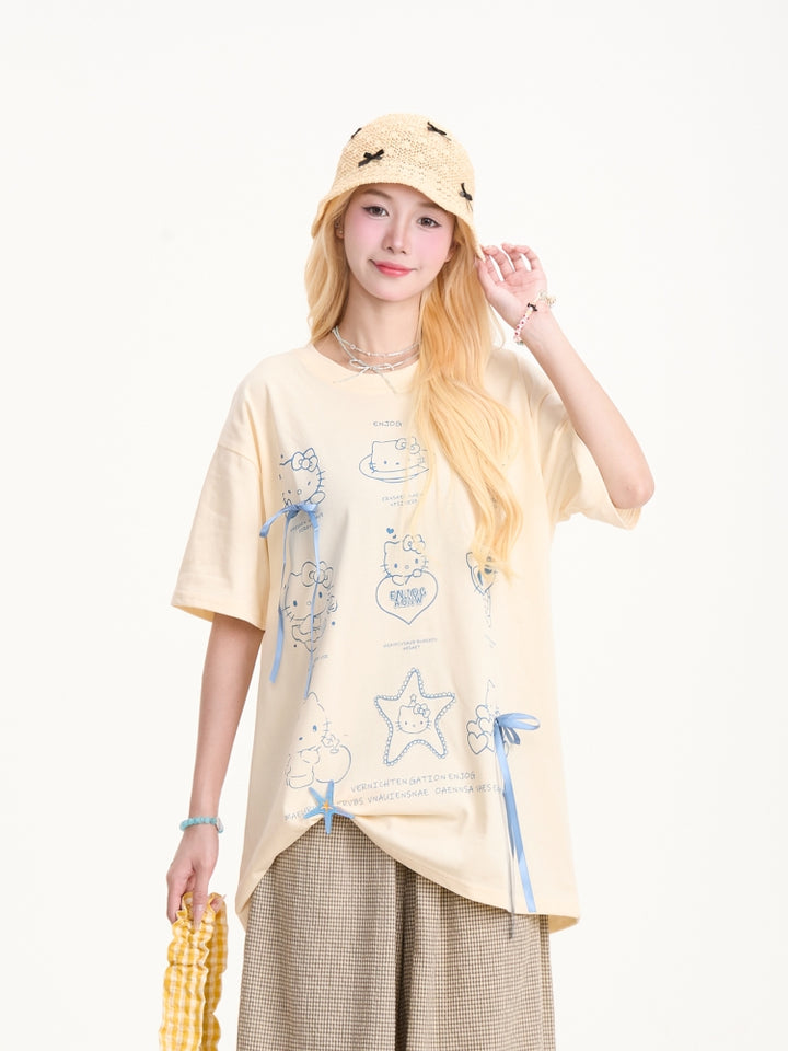 Kitty Print Short Sleeve T-Shirt with Bow