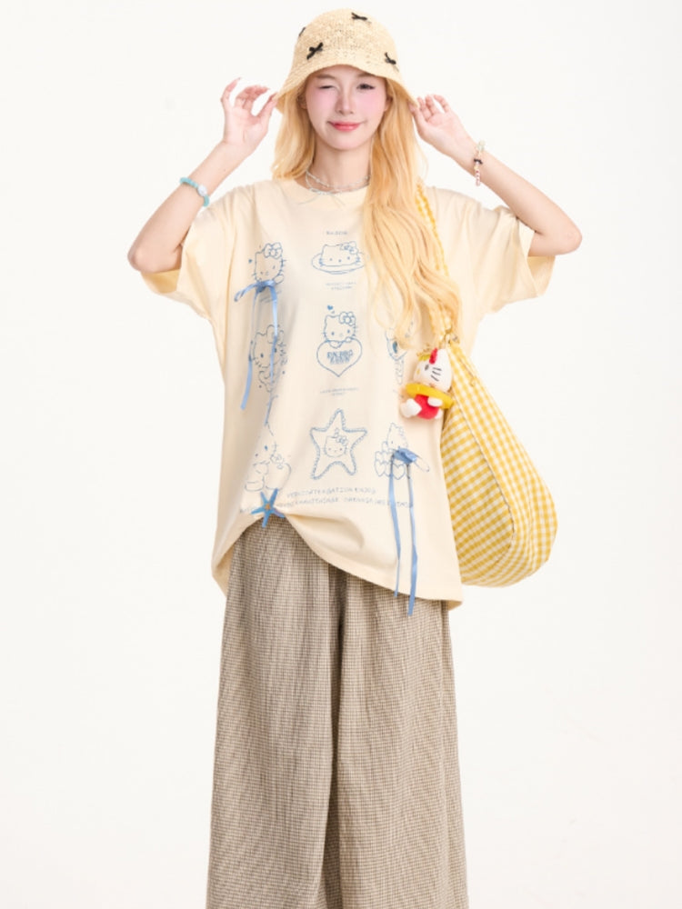 Kitty Print Short Sleeve T-Shirt with Bow