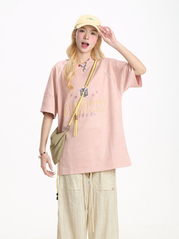 Preppy Style Letter Embroidered Short Sleeve T-Shirt
