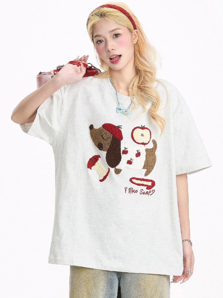 Summer Puppy Embroidered Short Sleeve T-Shirt