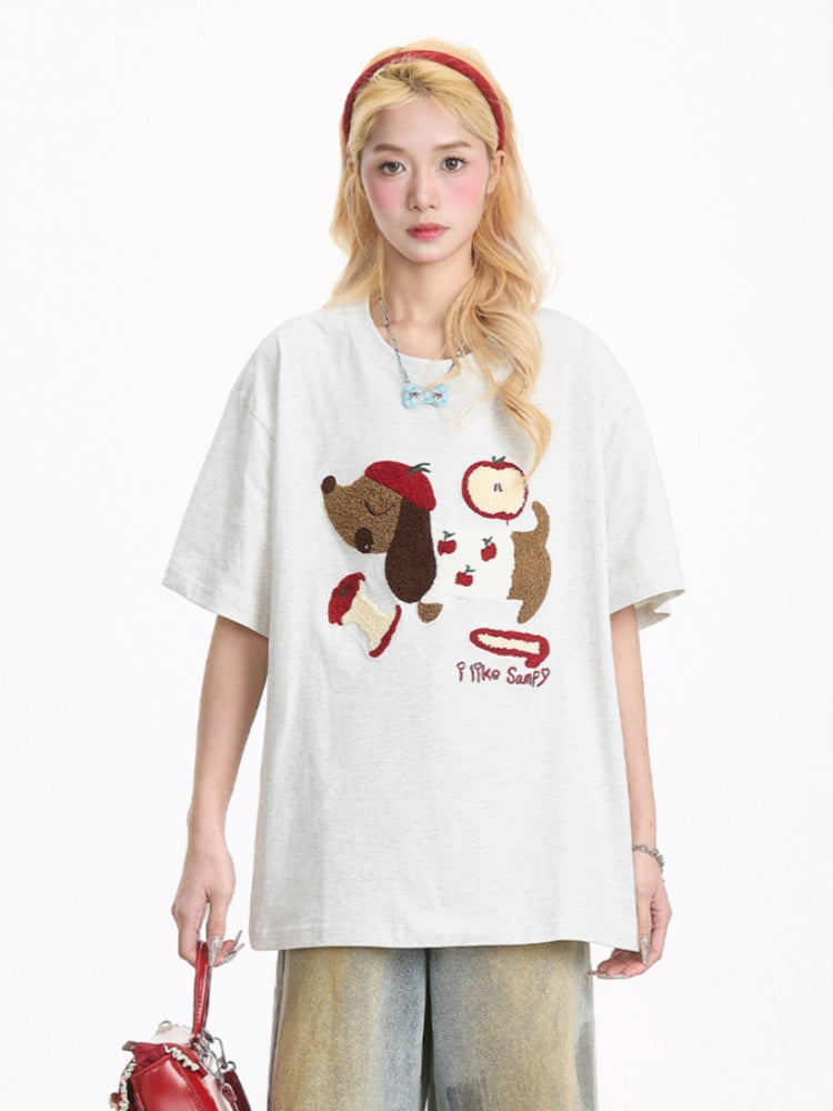 Summer Puppy Embroidered Short Sleeve T-Shirt