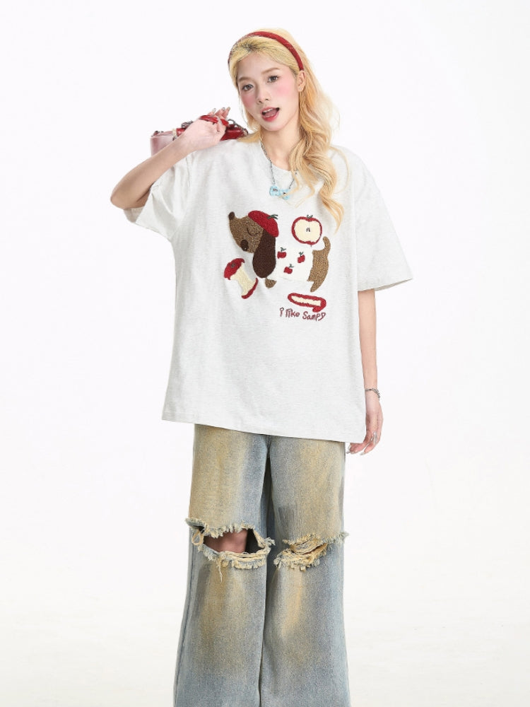 Summer Puppy Embroidered Short Sleeve T-Shirt