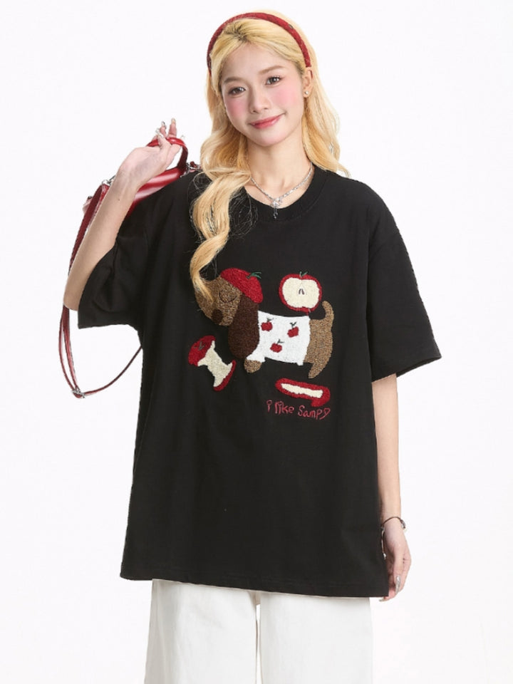 Summer Puppy Embroidered Short Sleeve T-Shirt