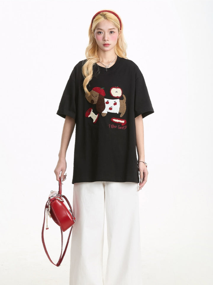 Summer Puppy Embroidered Short Sleeve T-Shirt