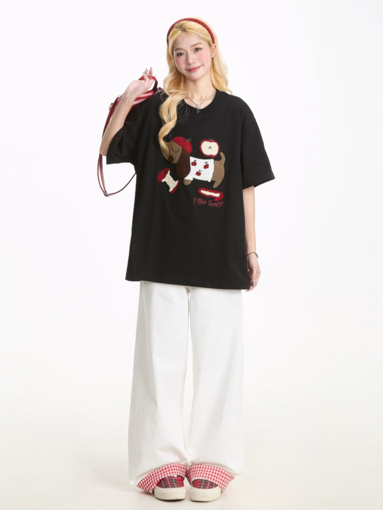 Summer Puppy Embroidered Short Sleeve T-Shirt